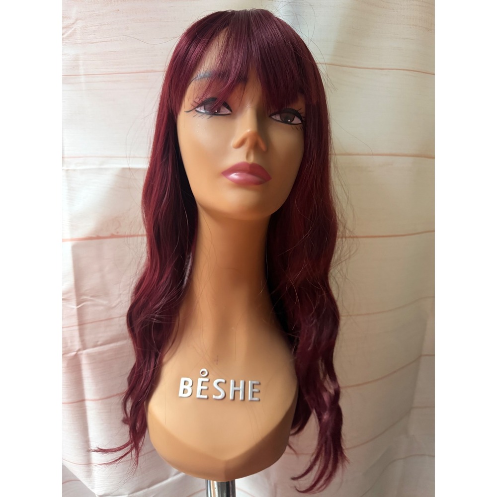 Burgundy synthetic wig with bangs